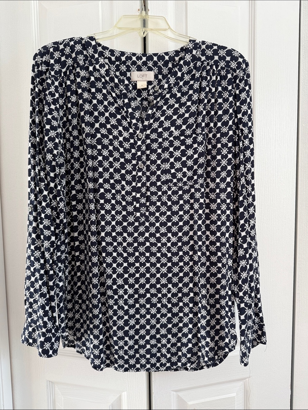 LOFT Navy and White Geometric Print Long-Sleeve Blouse